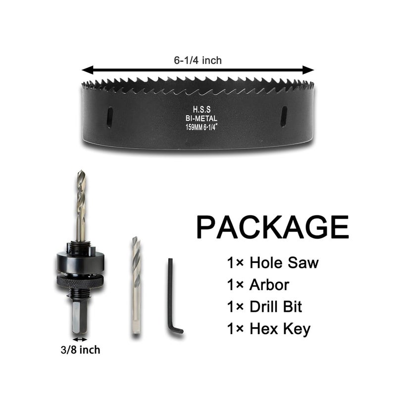 VIKITON 6-1/4 Inch Hole Saw with Arbor for Wood Metal Plastic, 6.25 in Bimetal Hole Cutter, Fast Chip Removal, Smooth Flat Drilling Edge, Lightweight & Portable (Black) - Image 3